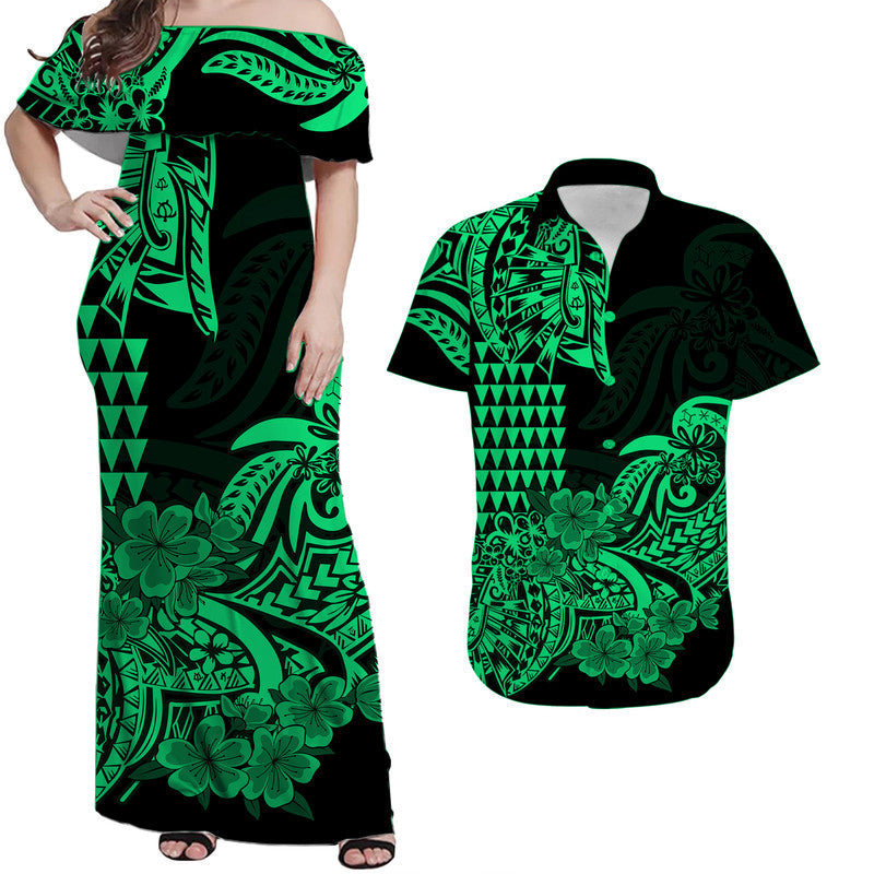 Hawaii Couple Outfits Hawaii Kakau Couple Women Off Shoulder Long Dress and Hawaiian Shirt Polynesian Floral Tribal Green Version