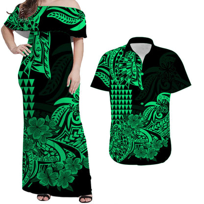 Hawaii Couple Outfits Hawaii Kakau Couple Women Off Shoulder Long Dress and Hawaiian Shirt Polynesian Floral Tribal Green Version