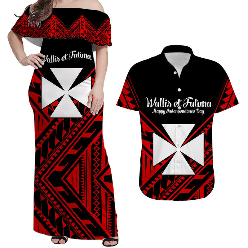 Matching Outfits For Couples Wallis et Futuna Couple Women Off Shoulder Long Dress and Hawaiian Shirt Happy Independence Day