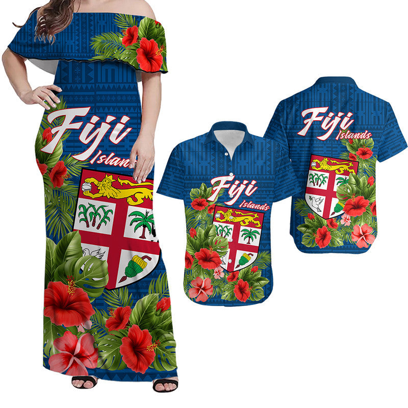 Matching Outfits For Couples Fiji Islands Couple Off Long Dress and Hawaiian Shirt Tropical Flowers and Tapa Pattern