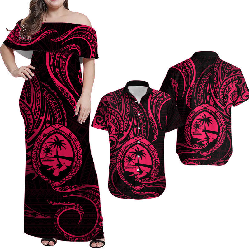 Matching Outfits For Couples Polynesian Guam With Polynesian Tribal Tattoo and Coat of Arms Pink Version