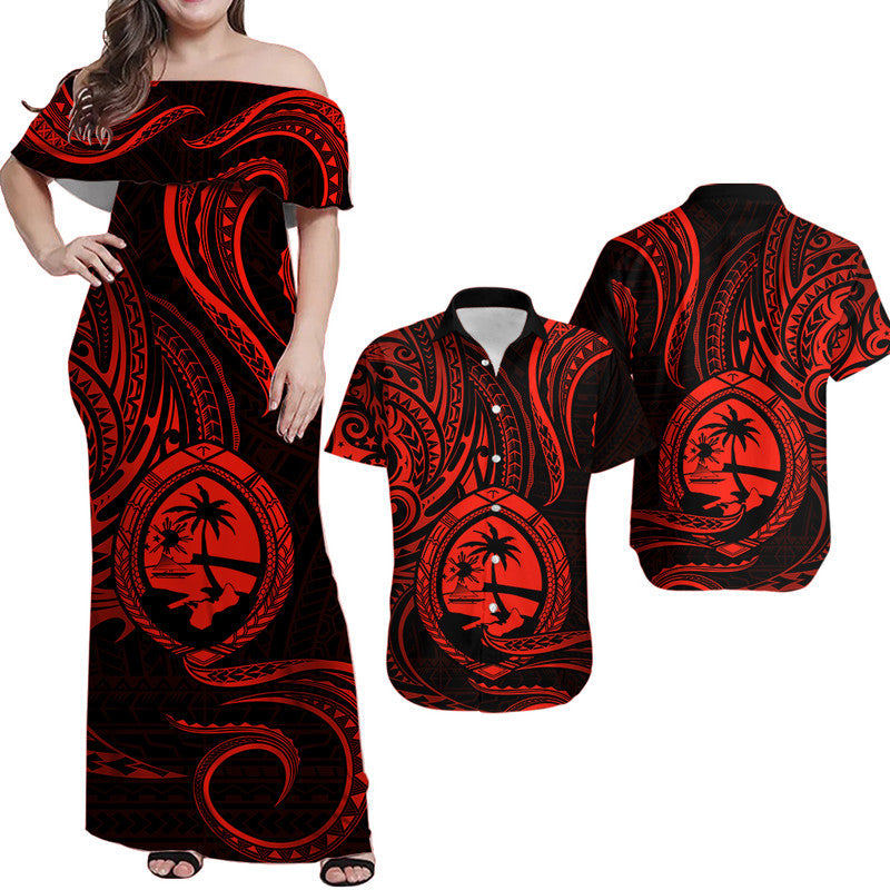 Matching Outfits For Couples Polynesian Guam With Polynesian Tribal Tattoo and Coat of Arms Red Version