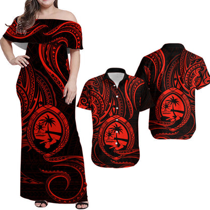 Matching Outfits For Couples Polynesian Guam With Polynesian Tribal Tattoo and Coat of Arms Red Version