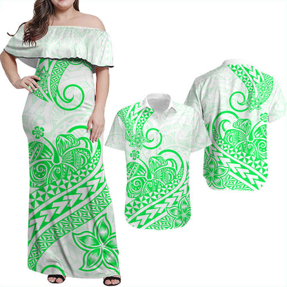 Hawaii Matching Outfits For Couples Polynesian Tribal Tattoo Retro Couple Off Long Dress and Hawaiian Shirt Green Screen Color