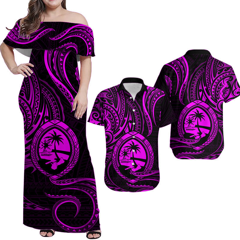 Matching Outfits For Couples Polynesian Guam With Polynesian Tribal Tattoo and Coat of Arms Purple Version