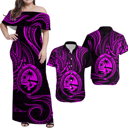 Matching Outfits For Couples Polynesian Guam With Polynesian Tribal Tattoo and Coat of Arms Purple Version