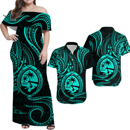 Matching Outfits For Couples Polynesian Guam With Polynesian Tribal Tattoo and Coat of Arms Turquoise Version