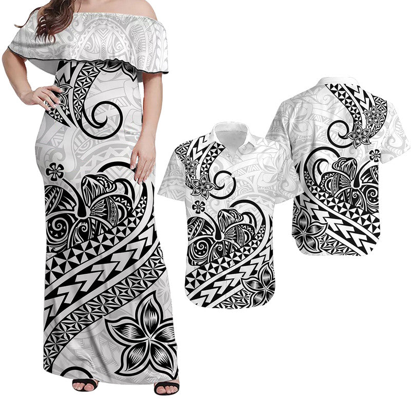 Matching Outfits For Couples Polynesian Tribal Tattoo Retro Couple Off Long Dress and Hawaiian Shirt Black Screen Color