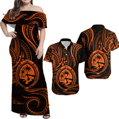 Matching Outfits For Couples Polynesian Guam With Polynesian Tribal Tattoo and Coat of Arms Orange Version