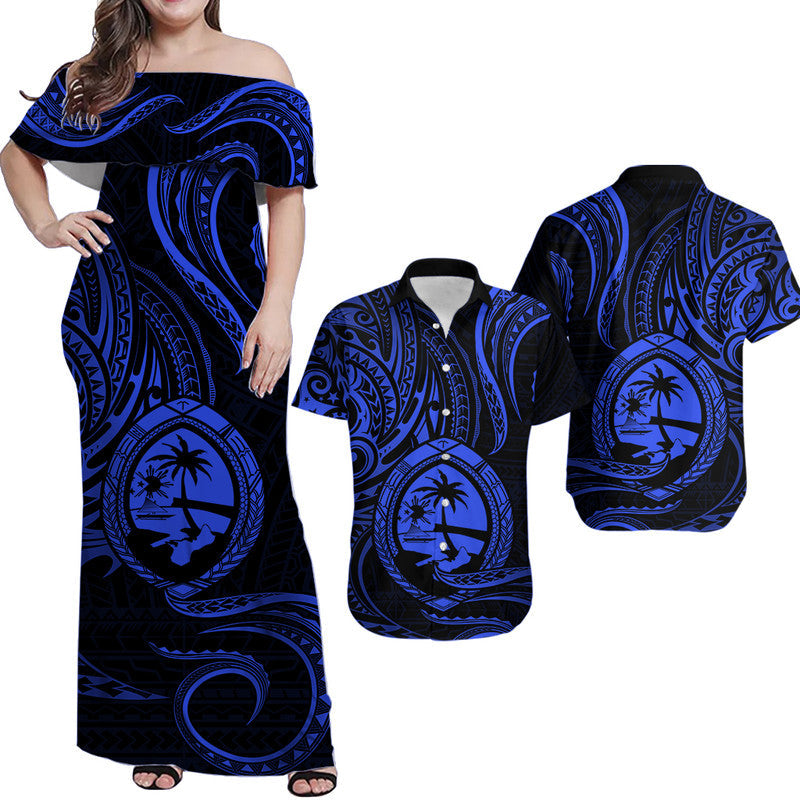 Matching Outfits For Couples Polynesian Guam With Polynesian Tribal Tattoo and Coat of Arms Blue Version