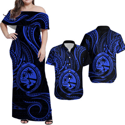 Matching Outfits For Couples Polynesian Guam With Polynesian Tribal Tattoo and Coat of Arms Blue Version