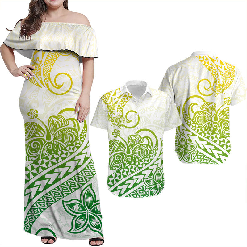 Hawaii Matching Outfits For Couples Polynesian Tribal Tattoo Retro Couple Off Long Dress and Hawaiian Shirt Gradient 01 Screen Color