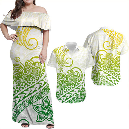 Hawaii Matching Outfits For Couples Polynesian Tribal Tattoo Retro Couple Off Long Dress and Hawaiian Shirt Gradient 01 Screen Color