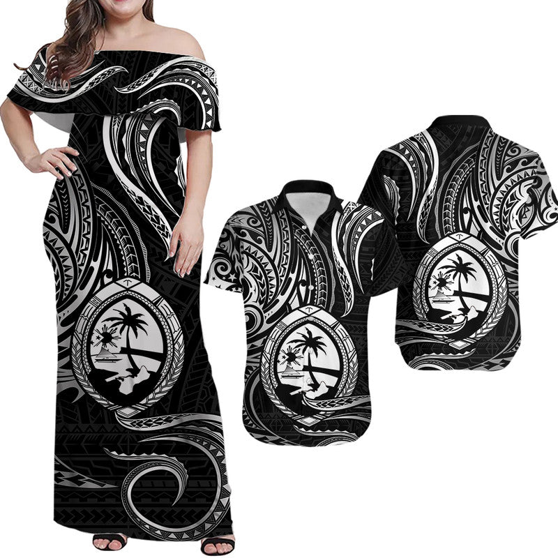 Matching Outfits For Couples Polynesian Guam With Polynesian Tribal Tattoo and Coat of Arms Black Version
