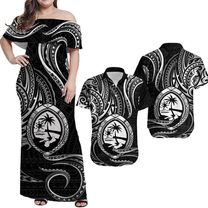 Matching Outfits For Couples Polynesian Guam With Polynesian Tribal Tattoo and Coat of Arms Black Version