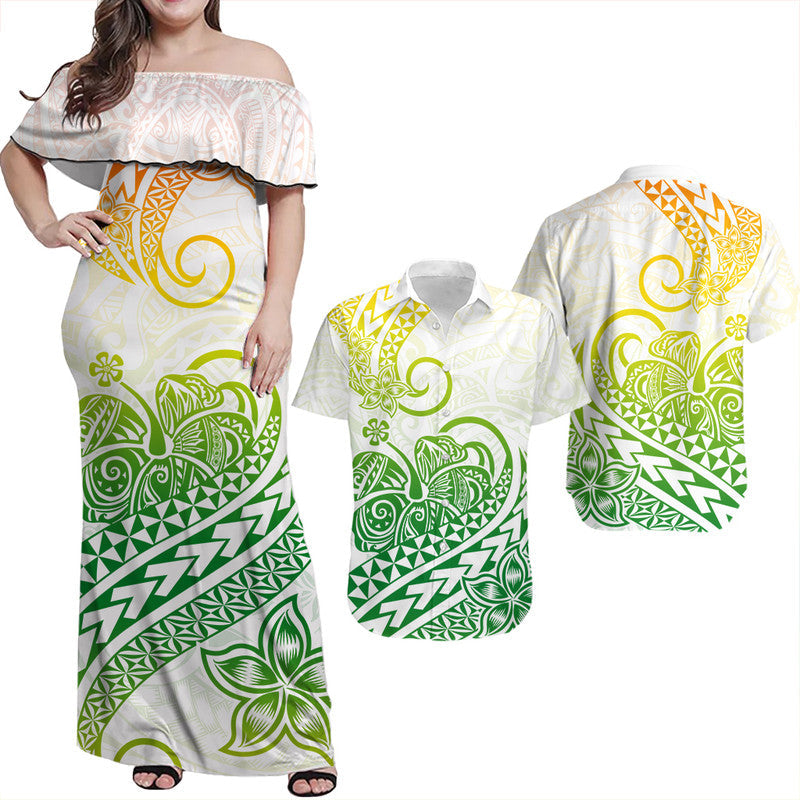 Hawaii Matching Outfits For Couples Polynesian Tribal Tattoo Retro Couple Off Long Dress and Hawaiian Shirt Gradient 02 Screen Color