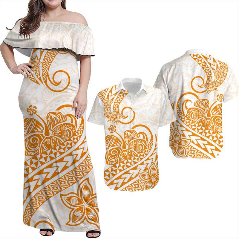 Hawaii Matching Outfits For Couples Polynesian Tribal Tattoo Retro Couple Off Long Dress and Hawaiian Shirt Gold Screen Color