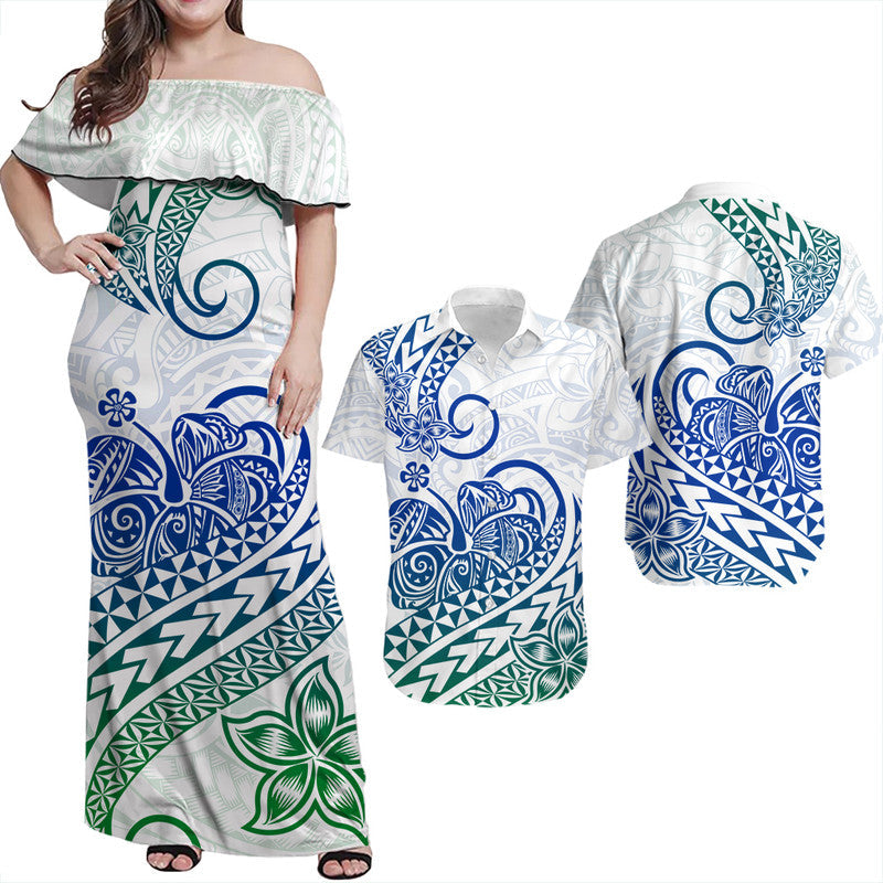 Matching Clothes For Couples Polynesian Tribal Tattoo Retro Couple Off Long Dress and Hawaiian Shirt Gradient 03 Screen Color
