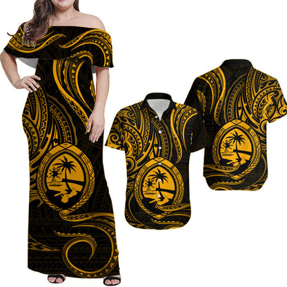 Matching Outfits For Couples Polynesian Guam With Polynesian Tribal Tattoo and Coat of Arms Gold Version