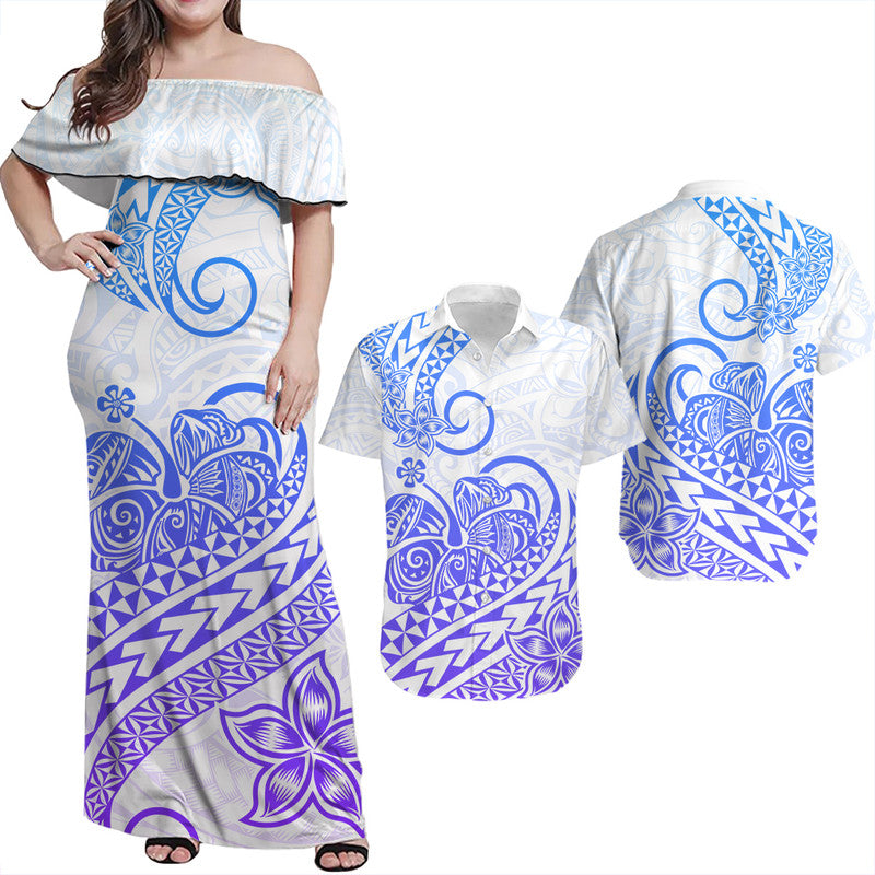 Matching Outfits For Couples Polynesian Tribal Tattoo Retro Couple Off Long Dress and Hawaiian Shirt Gradient 04 Screen Color