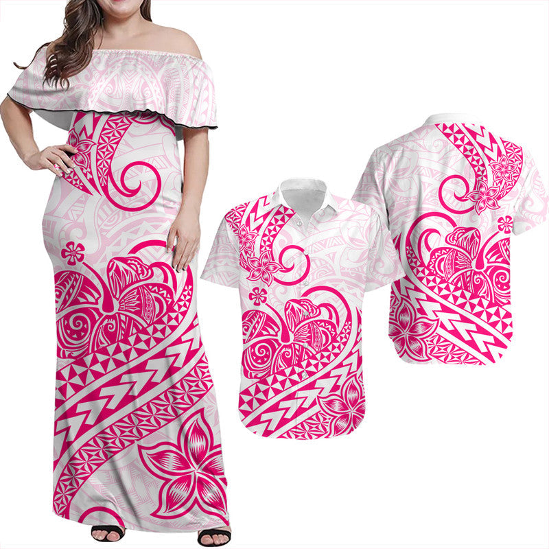 Matching Outfits For Couples Polynesian Tribal Tattoo Retro Couple Off Long Dress and Hawaiian Shirt Pink Screen Color