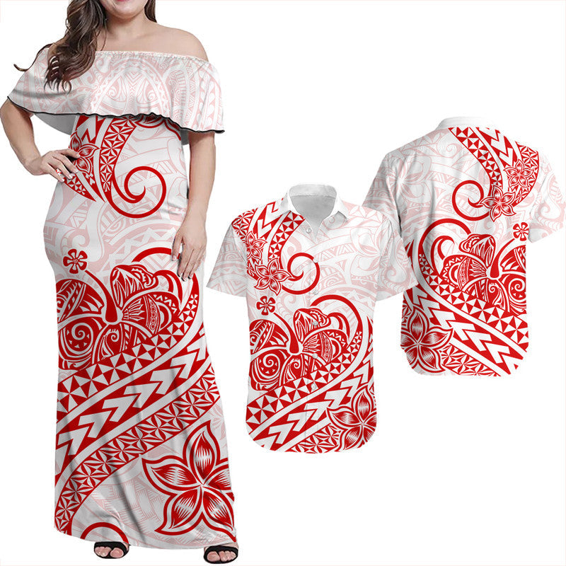 Matching Clothes For Couples Polynesian Tribal Tattoo Retro Couple Off Long Dress and Hawaiian Shirt Red Screen Color