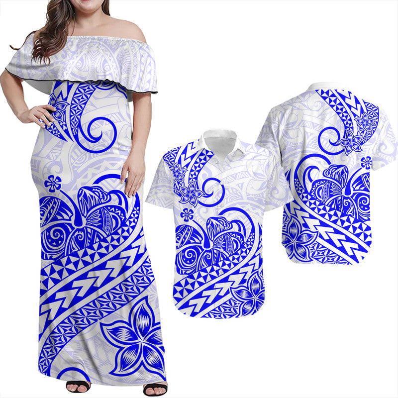 Hawaii Matching Outfits For Couples Polynesian Tribal Tattoo Retro Couple Off Long Dress and Hawaiian Shirt Blue Screen Color