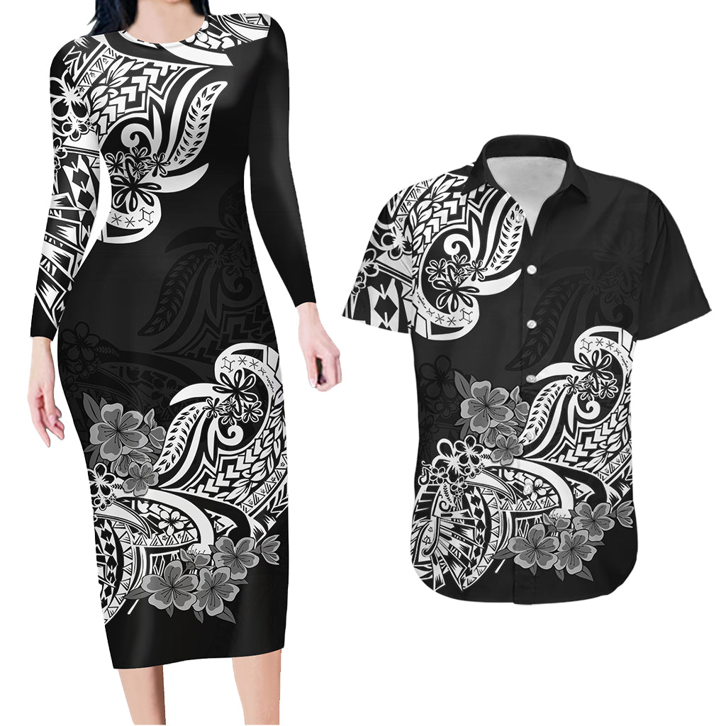Polynesian Matching Outfit For Couples Floral Tribal Black Style Bodycon Dress And Hawaii Shirt