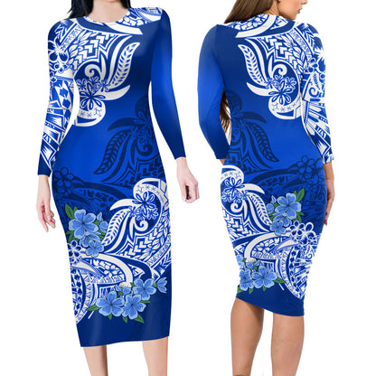Polynesian Matching Outfit For Couples Floral Tribal Blue Style Bodycon Dress And Hawaii Shirt