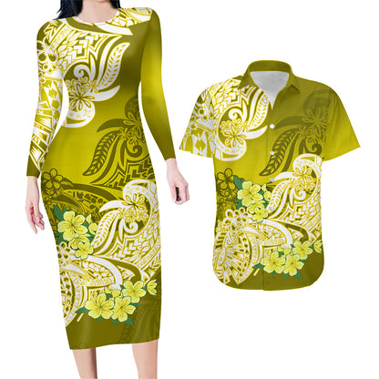 Polynesian Matching Outfit For Couples Floral Tribal Yellow Style Bodycon Dress And Hawaii Shirt