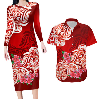Polynesian Matching Outfit For Couples Floral Tribal Red Style Bodycon Dress And Hawaii Shirt