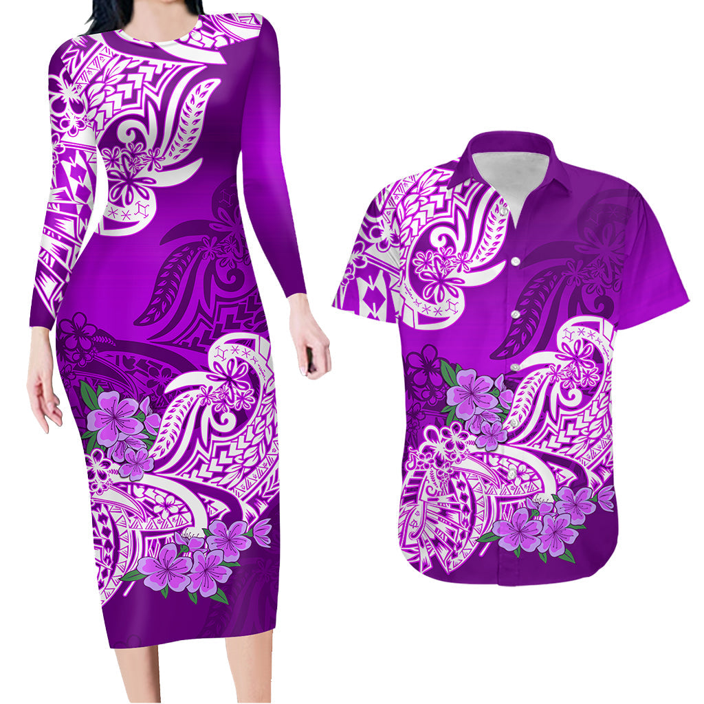 Polynesian Matching Outfit For Couples Floral Tribal Purple Style Bodycon Dress And Hawaii Shirt