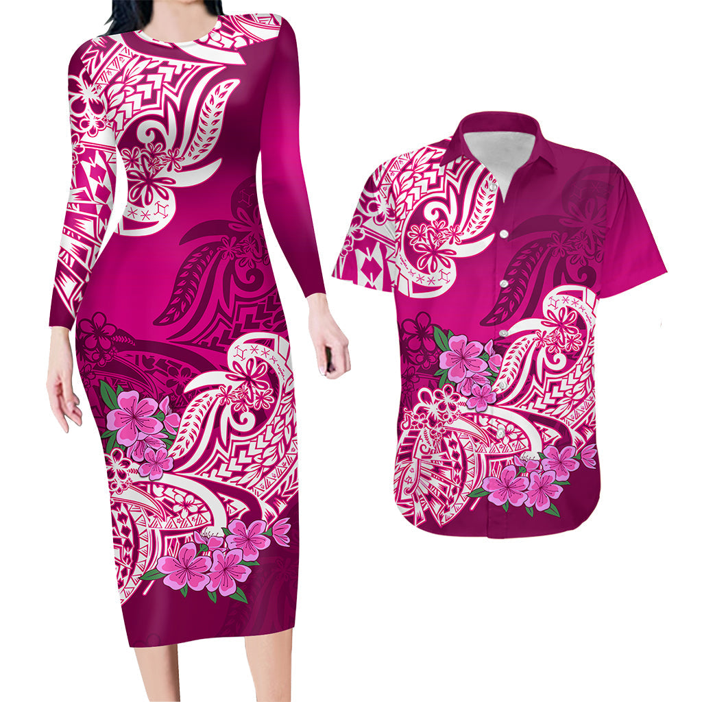 Polynesian Matching Outfit For Couples Floral Tribal Pink Style Bodycon Dress And Hawaii Shirt