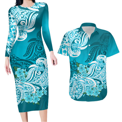 Polynesian Matching Outfit For Couples Floral Tribal Teal Style Bodycon Dress And Hawaii Shirt