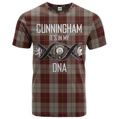 Printivon Cunningham Burgundy Dancers Clan DNA In Me Tartan Crest T Shirt