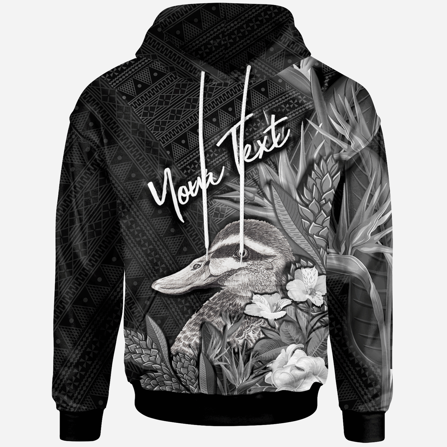 Custom Text Tonga Hoodie Custom Personalised Pacific Black Duck With Tropical Flowers