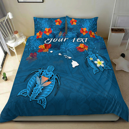 (Custom Personalised) Hawaiian Islands Bedding Set Hawaii Tropical Flowers and Turtles Blue