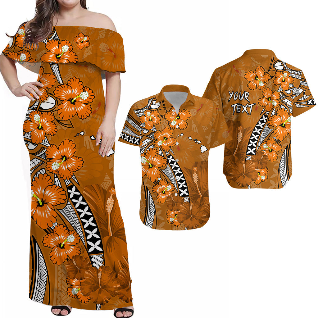 (Custom Personalised) Hawaii Matching Couple Outfits For Party Polynesia Gold Hibiscus and Map Mystical Dress and Hawaiian Shirt
