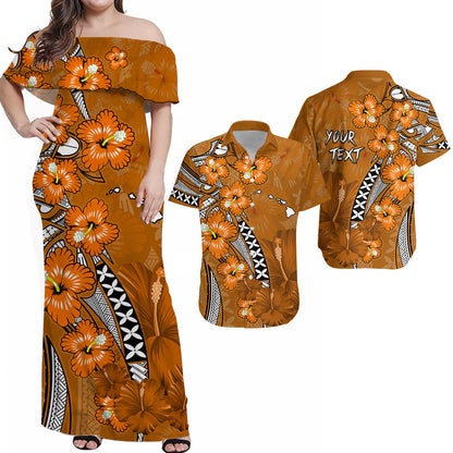 (Custom Personalised) Hawaii Matching Couple Outfits For Party Polynesia Gold Hibiscus and Map Mystical Dress and Hawaiian Shirt