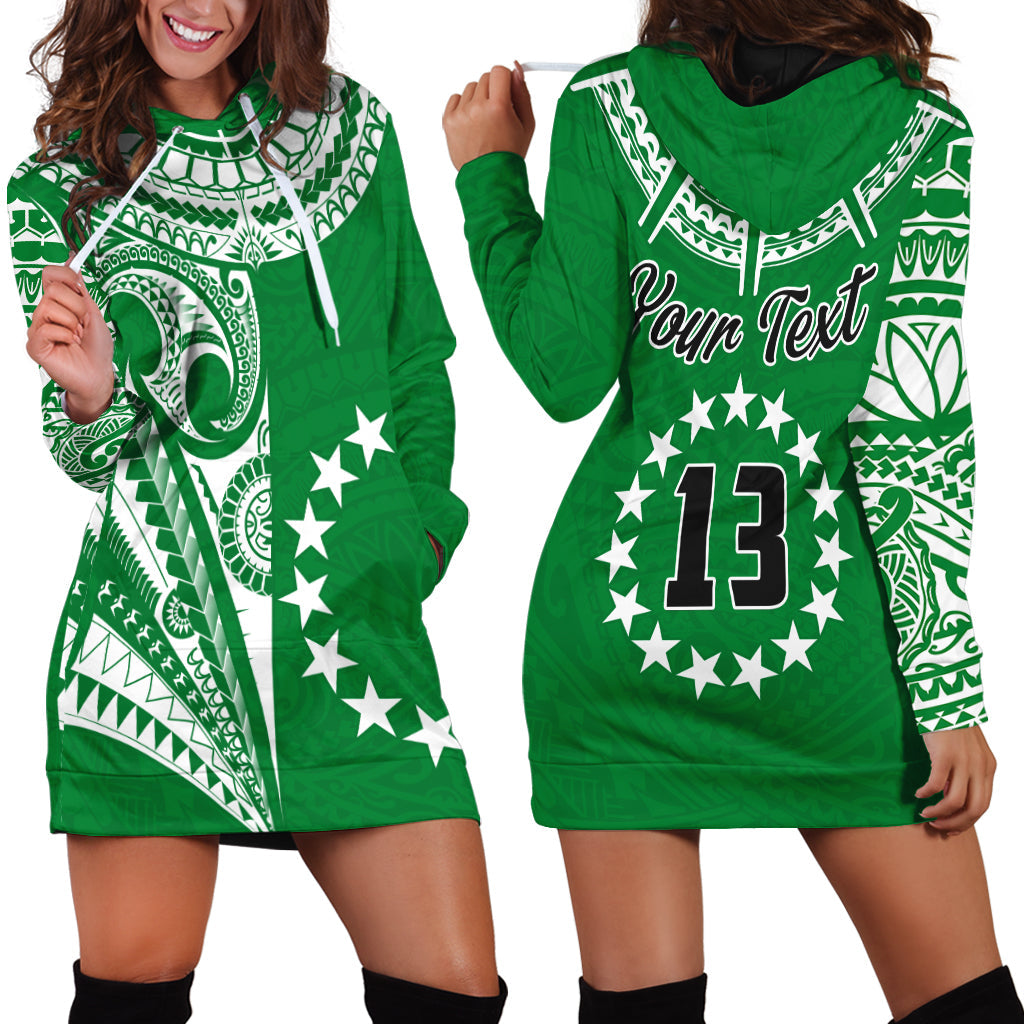 Custom Text and Number Cook Islands Tatau Hoodie Dress Symbolize Passion Stars Version Green