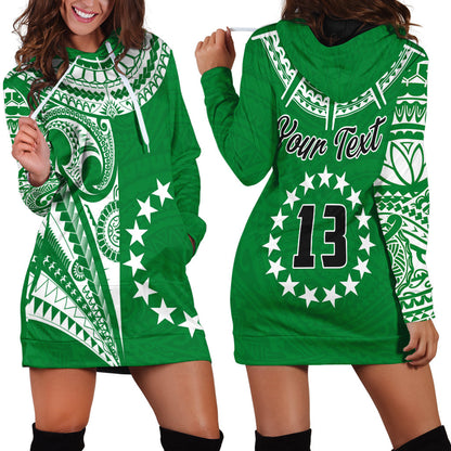 Custom Text and Number Cook Islands Tatau Hoodie Dress Symbolize Passion Stars Version Green