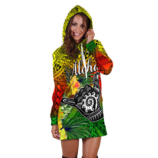 The Shaka Hawaii Hoodie Dress Tropical Flowers Reggae Version