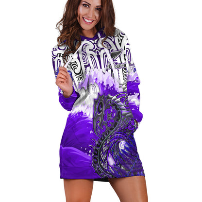 Custom Personalised Manaia Maori Hoodie Dress Fern Aotearoa Purple Waves