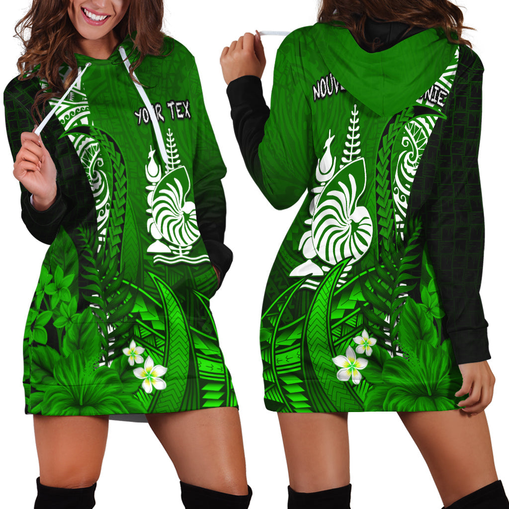Custom Personalised New Caledonia Hoodie Dress Nautilus Green Polynesian Hibiscus