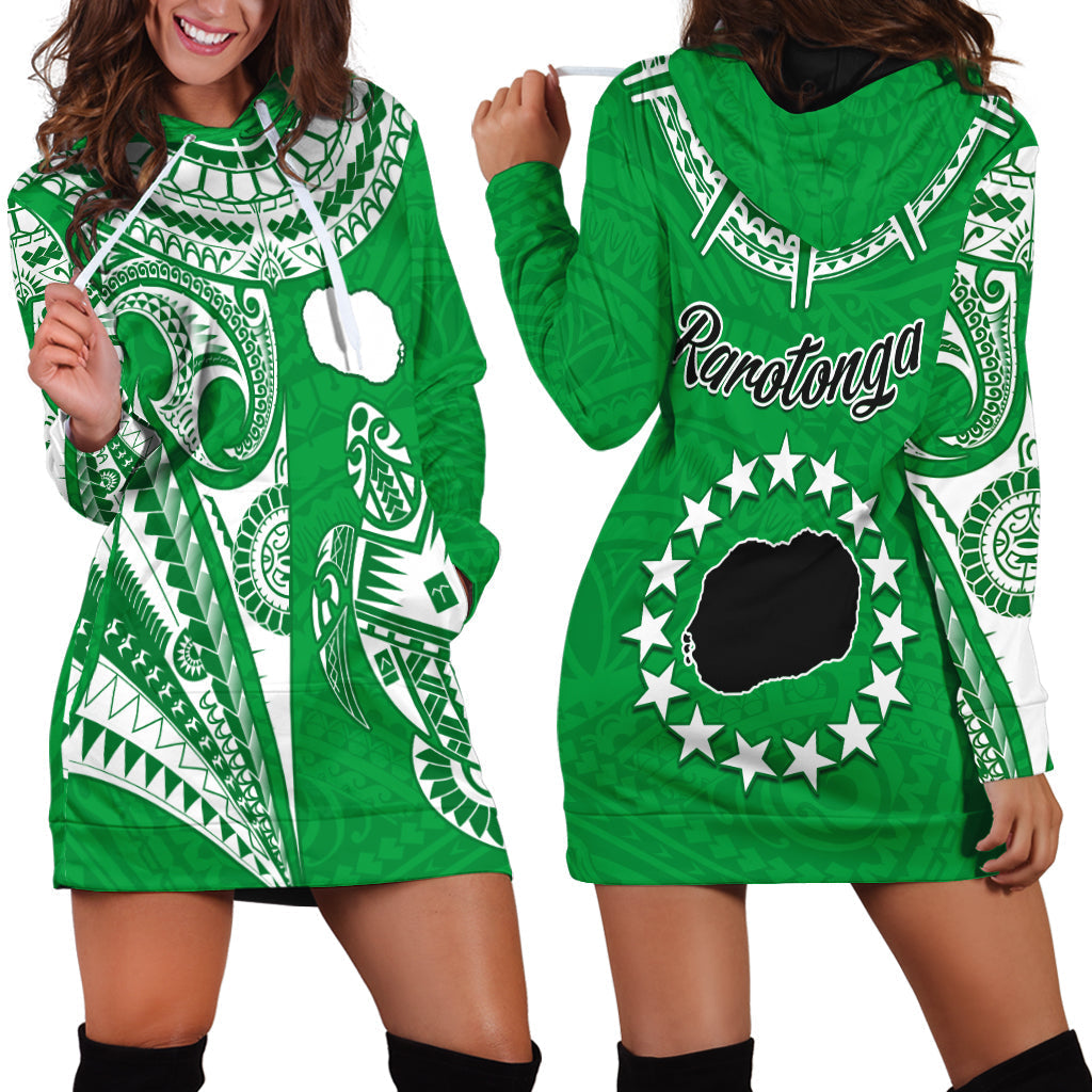 Rarotonga Cook Islands Hoodie Dress Turtle and Map Style Green