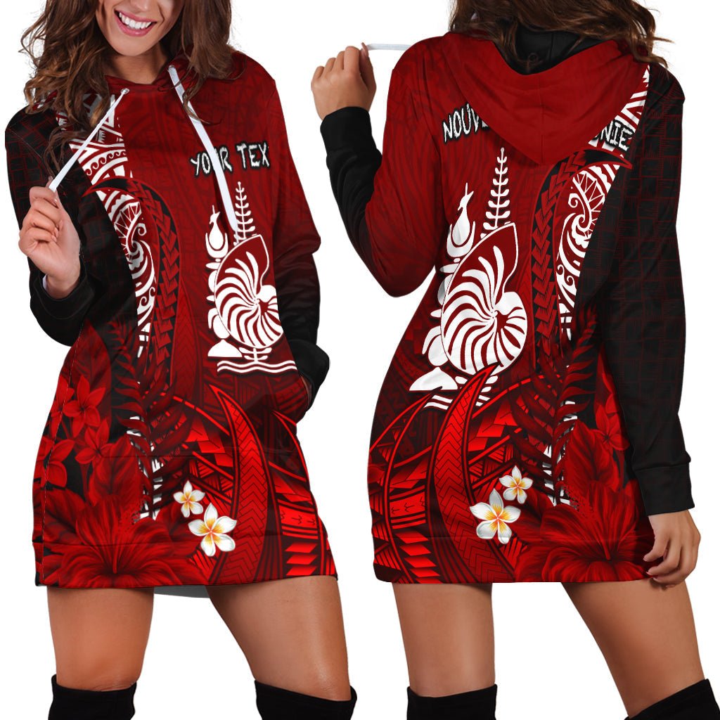 Custom Personalised New Caledonia Hoodie Dress Nautilus Red Polynesian Hibiscus