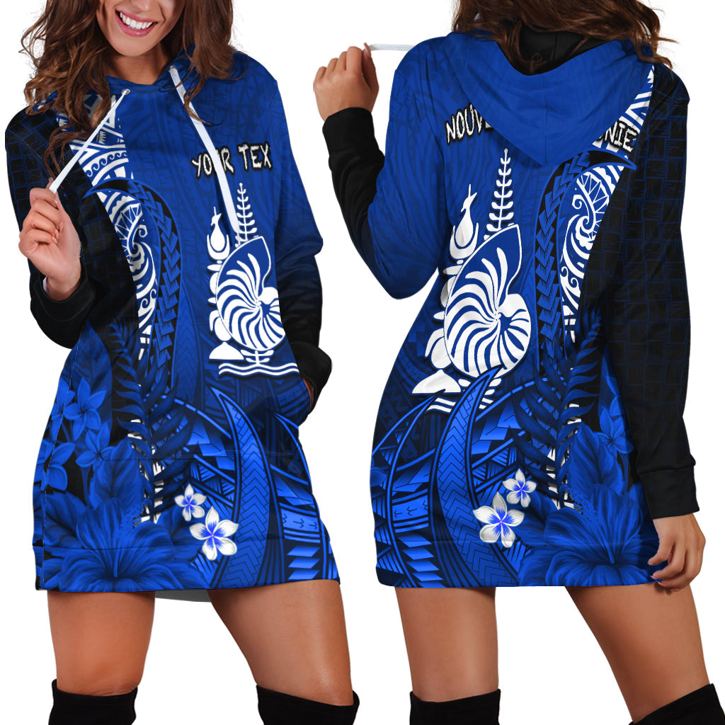 Custom Personalised New Caledonia Hoodie Dress Nautilus Blue Polynesian Hibiscus