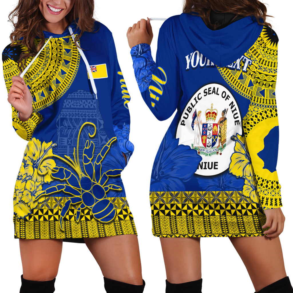Custom Personalised Niue Hiapo Hoodie Dress Rock of Polynesia Tapa Niuean Crab Happy Day