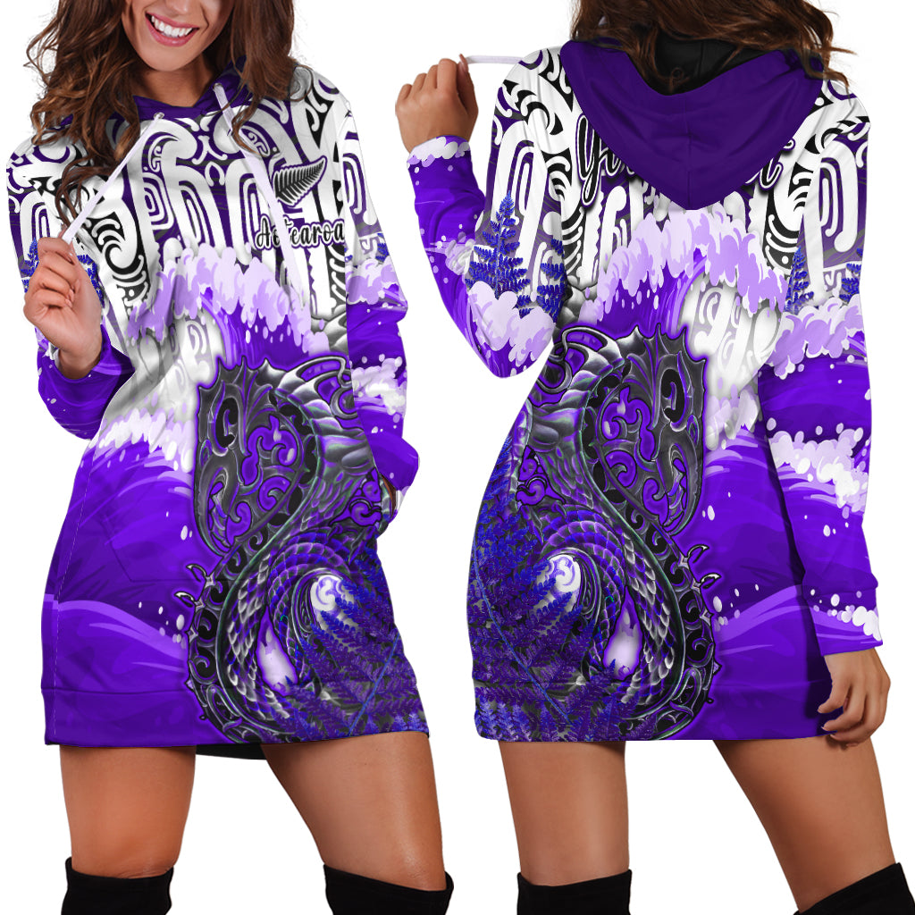 Custom Personalised Manaia Maori Hoodie Dress Fern Aotearoa Purple Waves