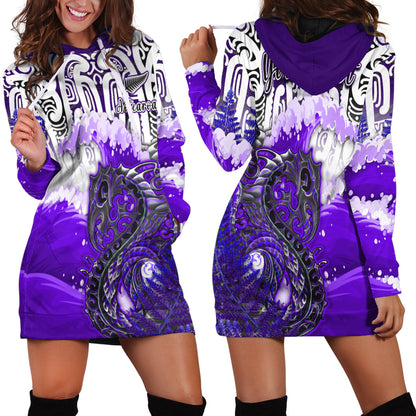Custom Personalised Manaia Maori Hoodie Dress Fern Aotearoa Purple Waves